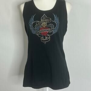 Harley Davidson Rhinestone Tank Top XL Black Biker Y2K USA Made Fitted Graphic